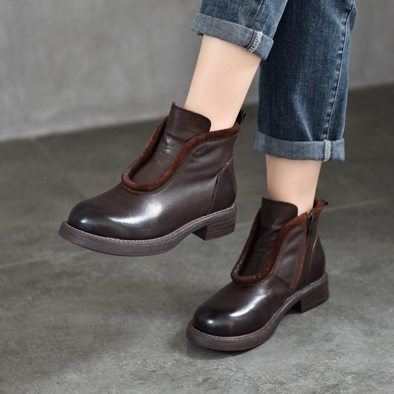 Johnature Винтажные короткие ботинки из натуральной кожи с круглым носком и боковой молнией, универсальная женская обувь