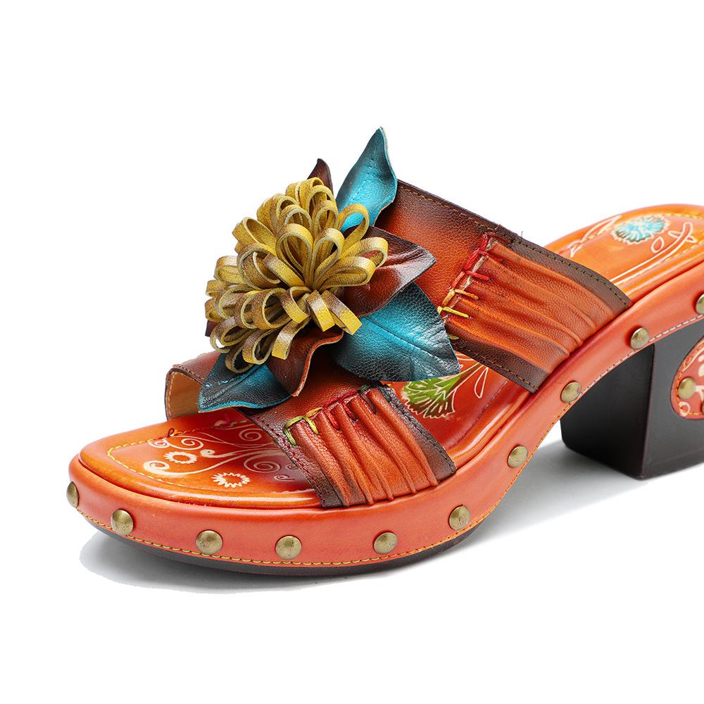 Johnature Женская обувь из натуральной кожи с ручной росписью, уличные тапочки, шлепанцы на высоком каблуке в стиле ретро, ​​босоножки на платформе