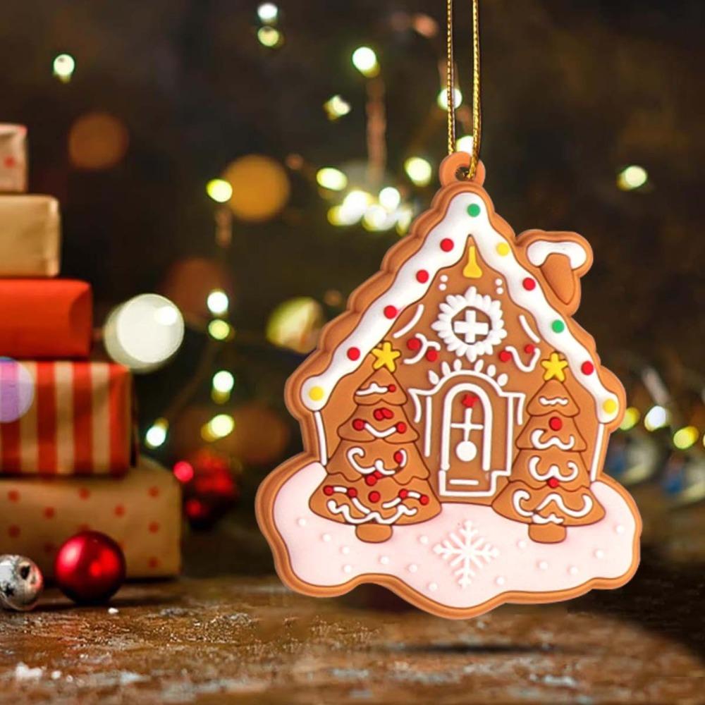 8/16Pcs Mixed Pattern Christmas Gingerbread House Pendant Candy Color PVC Cottage Hanging Ornaments with Hanging Chain DIY