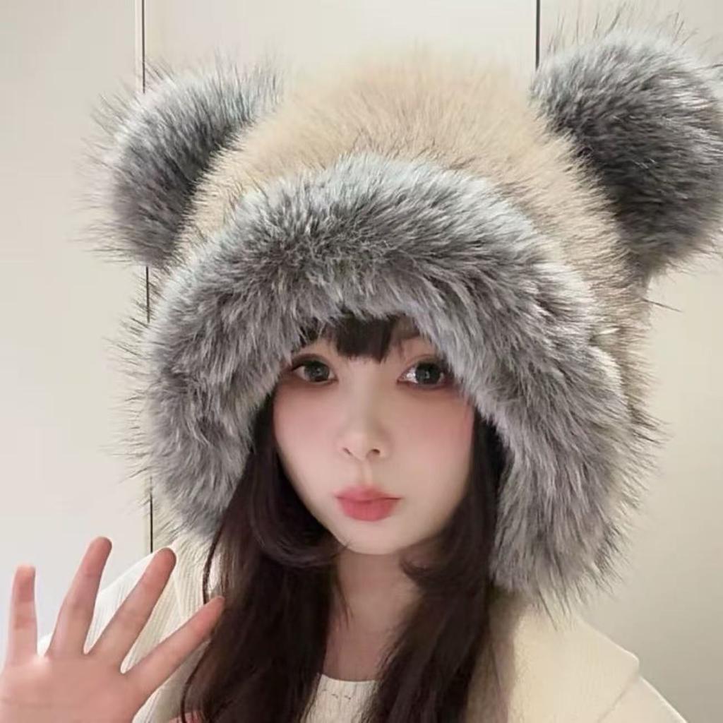 Cute bear ears plush hat women's winter new cycling ear protection warm face little Lei Feng hat