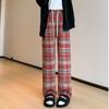 Осенне-зимние шерстяные клетчатые женские длинные брюки с эластичной талией, свободные прямые брюки для женщин