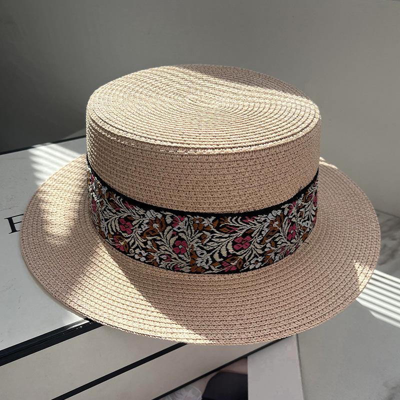 New retro elegant ribbon straw hat female summer big eaves show face small sunscreen hat seaside vacation photo multi-color optional