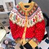 Женский кардиган в рождественском стиле, красный, однобортный, с круглым вырезом, вязаный, полосатый жаккардовый, осенняя женская верхняя одежда