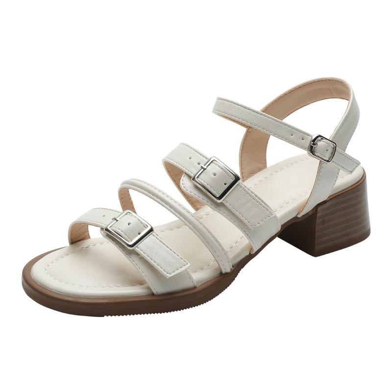 Retro mid-heeled sandals for women's summer new British style with one-word buckle thick heel stepping on shit open-toed Roman shoes for women