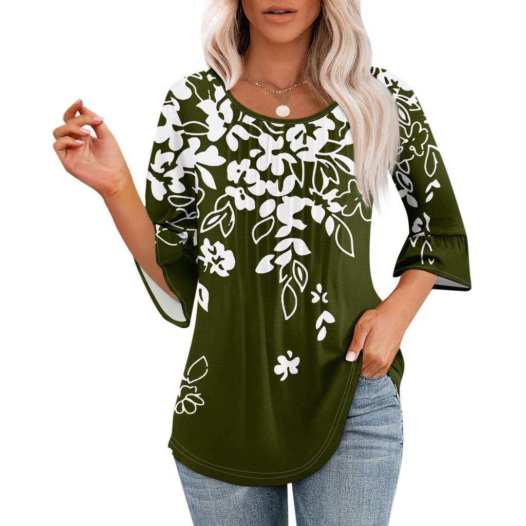 Женские топы с рукавами-колокольчиками 3/4, летние плиссированные рубашки с круглым вырезом, модные нарядные повседневные блузки-туники свободного покроя
