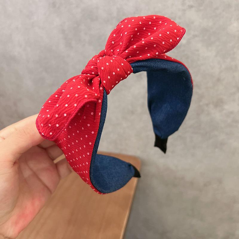 Корейская клетчатая темно-синяя повязка на голову с бантом и нескользящими зубцами для женщин