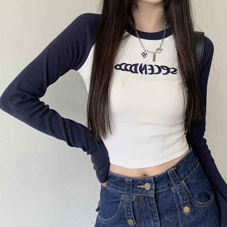 Футболка с буквенным принтом, женские весенние лоскутные топы с длинными рукавами, модные укороченные топы контрастного цвета в стиле ретро, популярные футболки Kpop Skinny Y2K