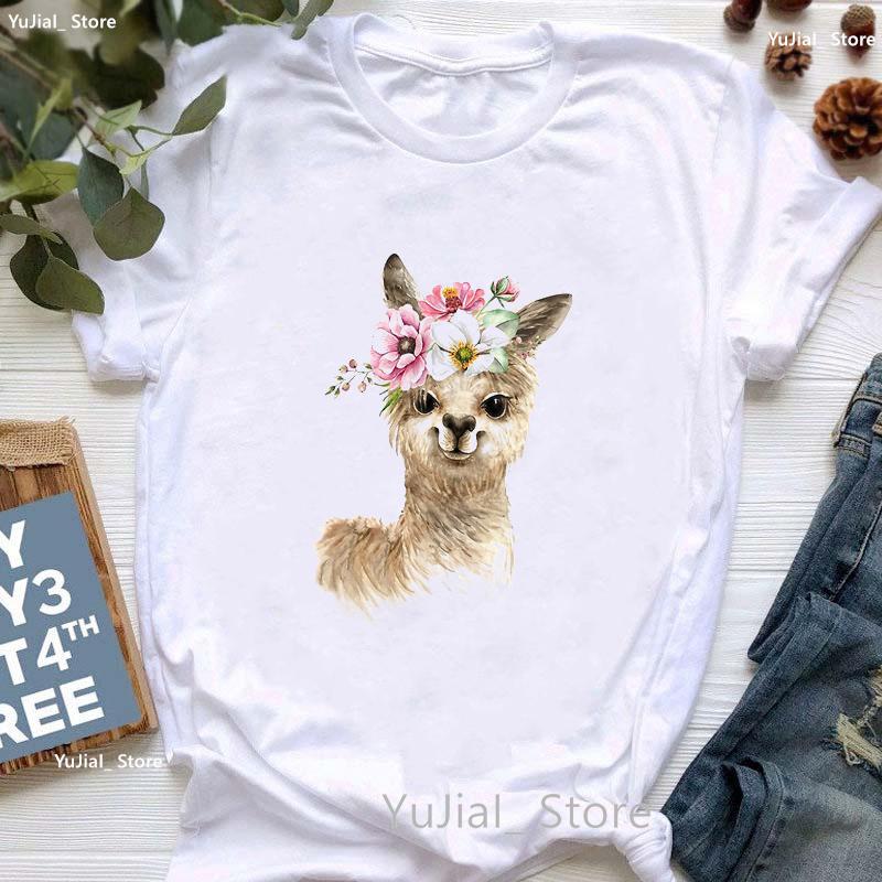 Kawaii Alpaca With Flowers And Coffee Print T Shirt Girls Summer Short Sleeve Tshirt Femme Fashion Tops Tee Shirt Female