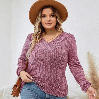 Женский осенне-зимний свитер большого размера XL ~ 5XL, свитера с длинными рукавами и v-образным вырезом, повседневный топ, трикотажные рубашки в рубчик, женские рубашки