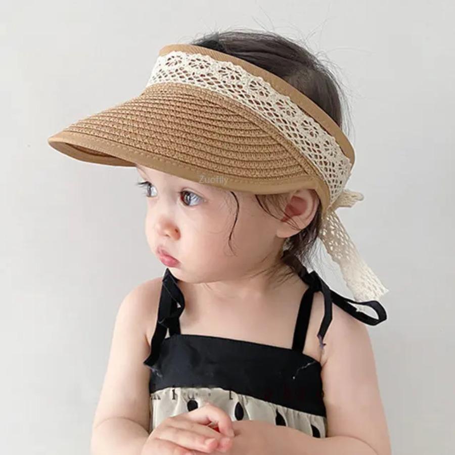 New Korea Style Baby Straw Caps Kids Sun Hats Empty Top Big Bow Hat Child Straw Sunshade Sunscreen Hats Baby Accessories Newborn