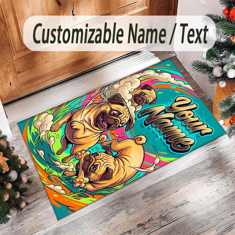 Pug Theme Crystal Velvet Floor Rug Personalized Custom Name Text Warm Carpet Home Decoration