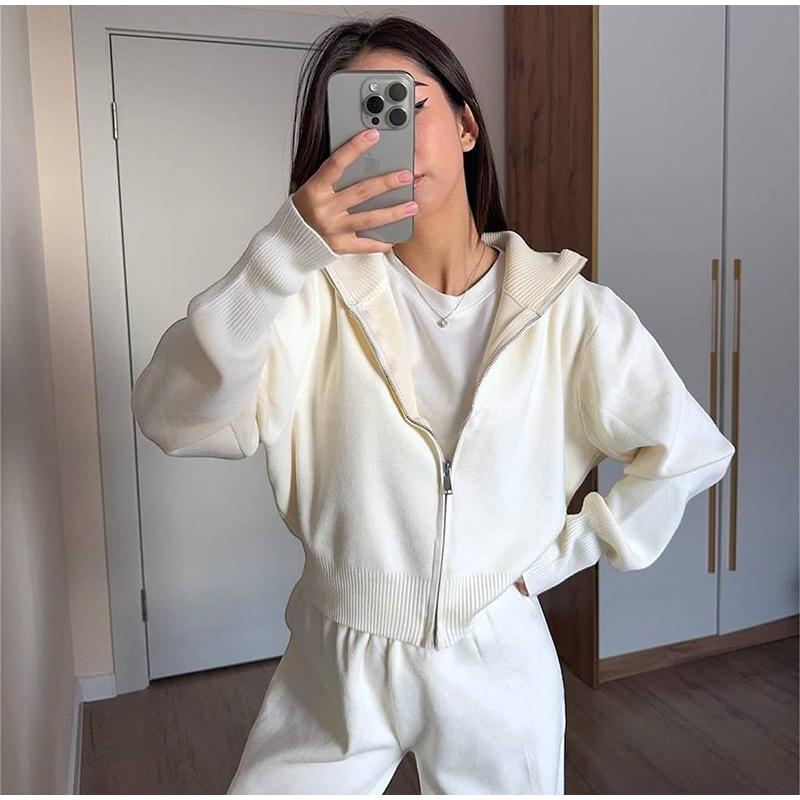 Повседневная куртка на молнии, пригородный костюм, простая однотонная уличная одежда, длинные брюки, комплекты из двух предметов для женщин, весна-осень