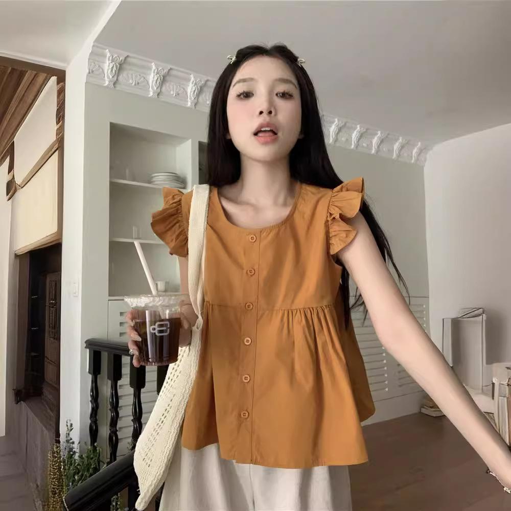 Black Ear Button-down Summer New Style Women's Solid Color Versatile Square Collar Plaid Ruffle Sleeveless Button-down Top