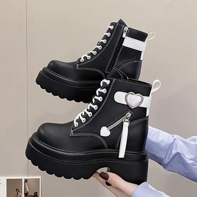 Модные 10 см новые осенние ботильоны женские высокие мотоциклетные ботинки на платформе зимние шнурованные толстые кроссовки удобные кожаные ботинки