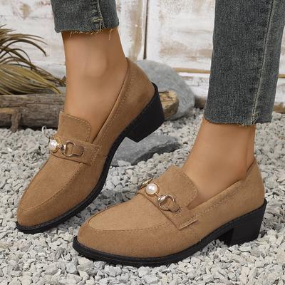 Женские туфли-лодочки Весна Осень Новые Жемчужные Квадратный Каблук Лоферы для Женщин Большого Размера Ретро Замшевые Заостренный Носок Повседневные Туфли Слипоны