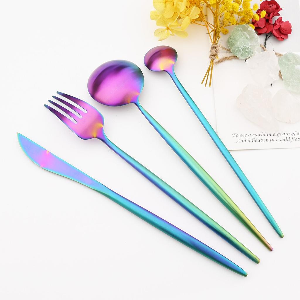 24Pcs Multicolor Dinnerware Set Knife Fork Spoons Teaspoon Tableware 18/10 Stainless Steel Cutlery Western Kitchen Silverware Flatware