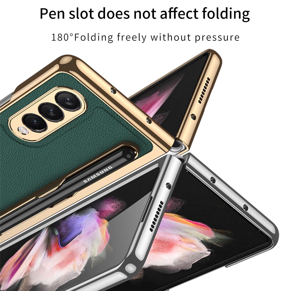 С чехлом-держателем S Pen для Samsung Galaxy Z Fold 3 5g, чехол, пленка, интегрированная гальваника, обычная кожа, слот для ручки Z Fold3