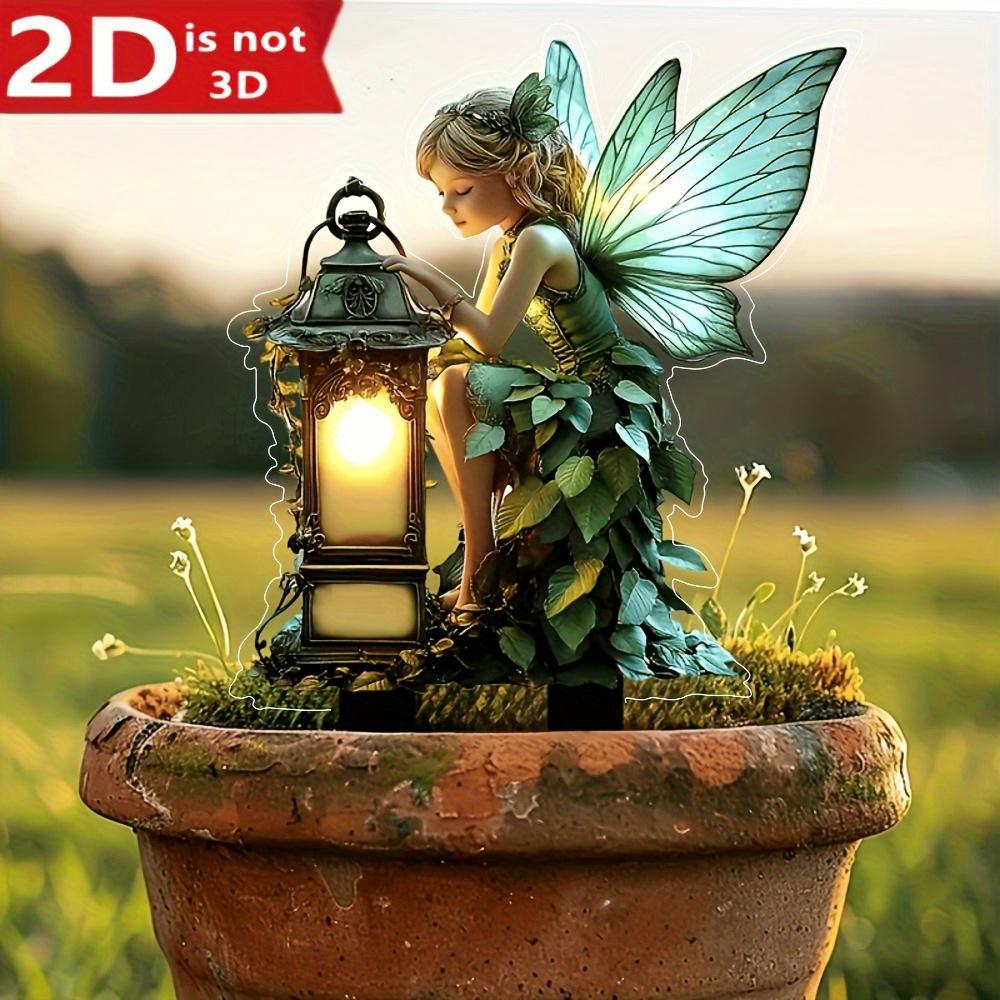 2D плоский, садовый штекер Angel Fairy - 2D плоский декор с фонариками и зелеными растениями, толщина декора 3 мм, подходит для цветочных горшков, газонов, садов