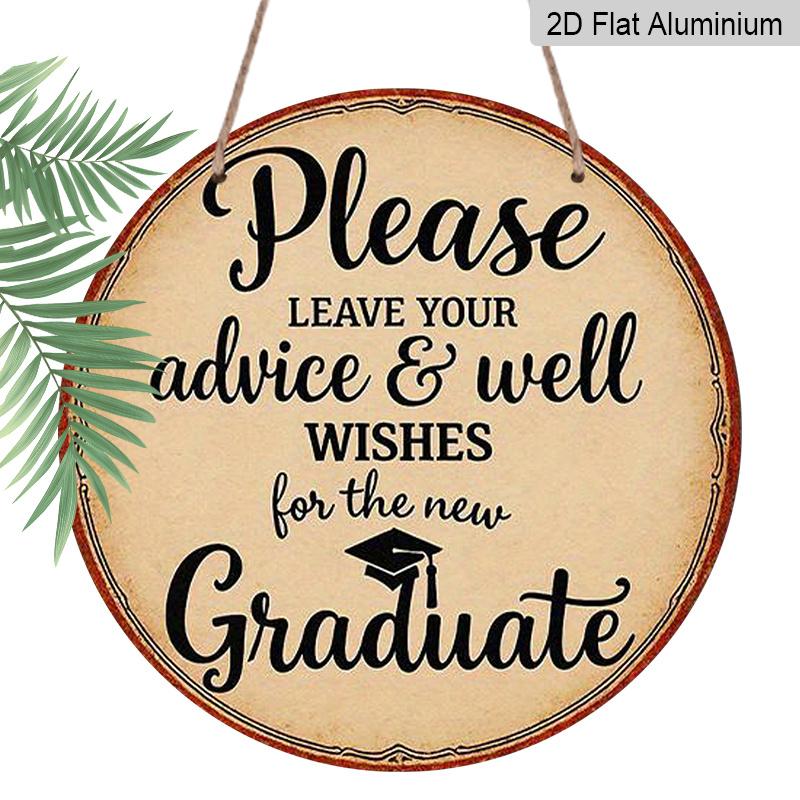 2D Flat, 2D Flat Vintage Graduation Sign - 7.87 Inch Round Aluminum Plaque with Graduation Cap Design, "Please Leave Your Advice & Wishes" Message