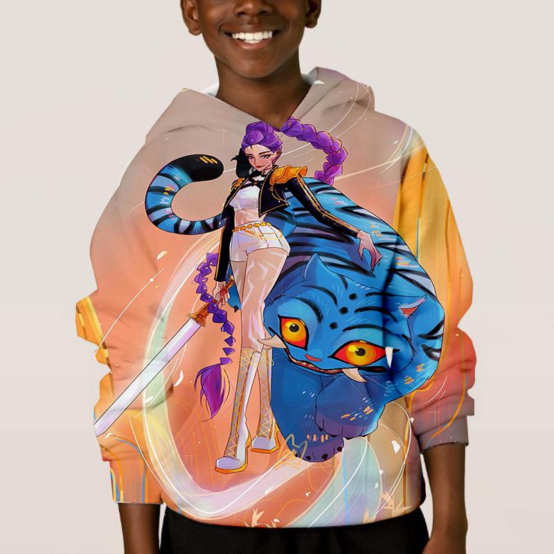 K-pop Охотники на демонов Детская хип-хоп одежда с забавным узором Модная повседневная свободная детская одежда Детские толстовки с капюшоном для мальчиков