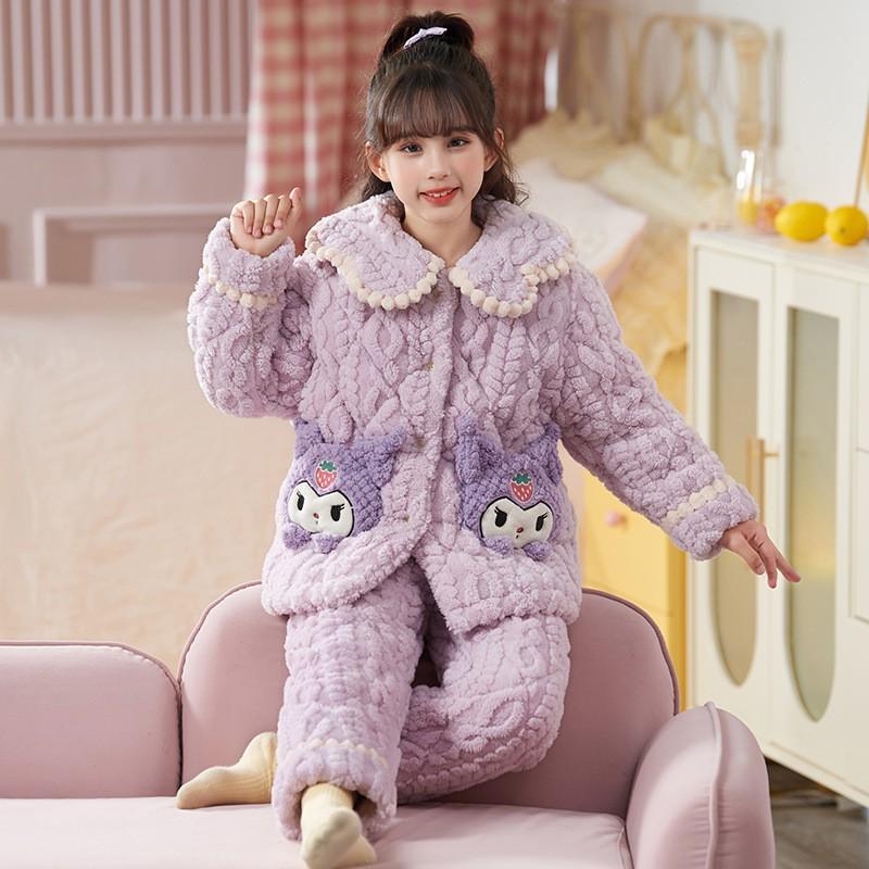Girls Winter Warm Coral Fleece Pajamas Set Thick Quilted Flannel Sleepwear Kids 8-16 Years