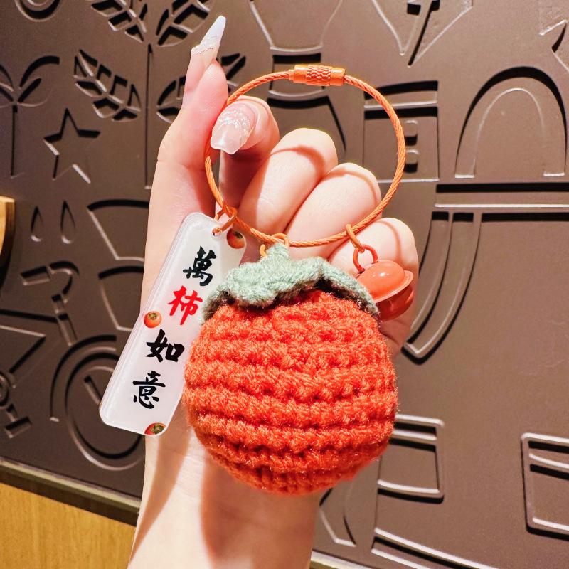 Handmade Crocheted Persimmon Keychain, "Good Things Happen" Lucky Charm,Lucky Persimmon Peanut Keyring, Hand-Knitted Fruit Pendant with Wish Tag