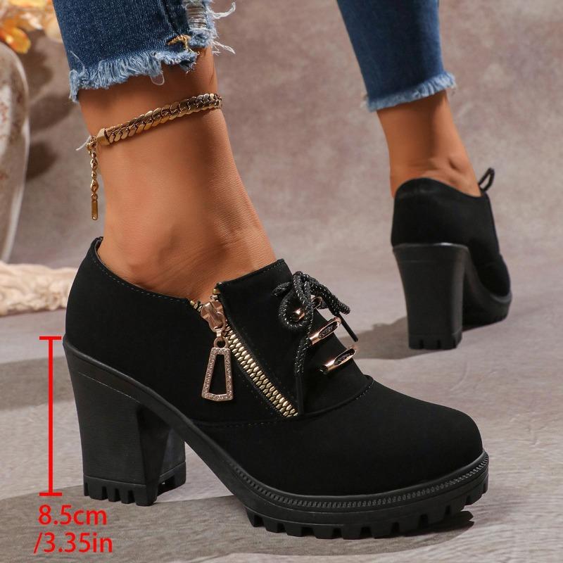 High Heel Low Top Fall New Round Metal Buckle Front Lace-Up Side Zip Non-Slip Platform Block Heel Boots