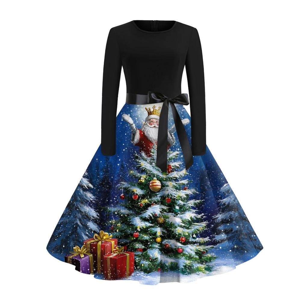 Christmas Print Flare Dress For Women Long Sleeve Dress Hollow Party Casual Dresses