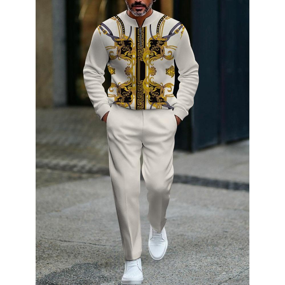 Весенне-осенние модные мужские комплекты с 3D-принтом, мужская повседневная спортивная одежда из двух предметов с воротником-стойкой на молнии