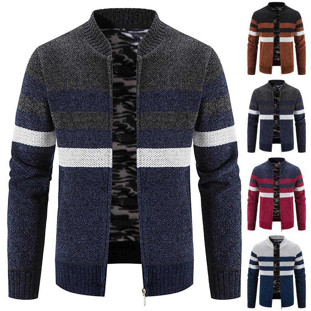 Color Blocked Cardigan Sweater Men's Plush Thickened Casual Knitting Coat