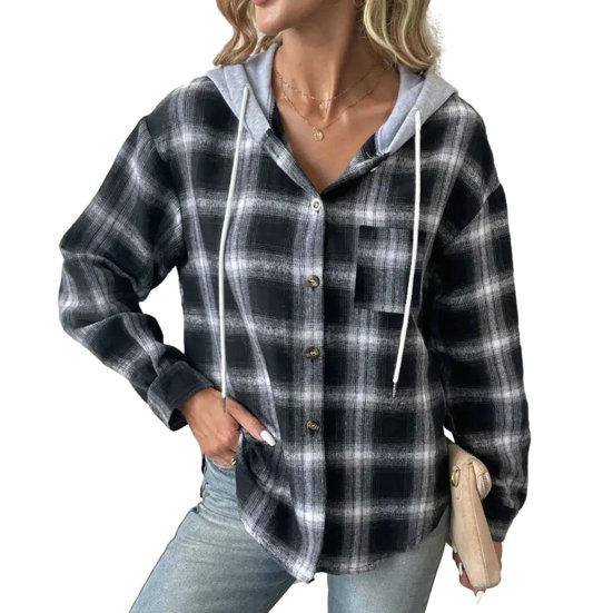 Autumn Winter Women Hoodie Coat Plaid Solid Color Stitching Hooded Drawstring Patch Pocket Long Sleeve Single Breasted Sweatshirt Jacket