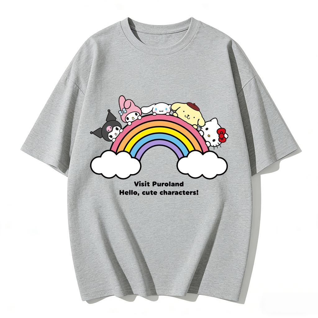 2026 New Sanrio Characters Rainbow Puroland Cartoon Print Tshirt Family Matching Outfits Casual Short Sleeve Tee Women Unisex Kids