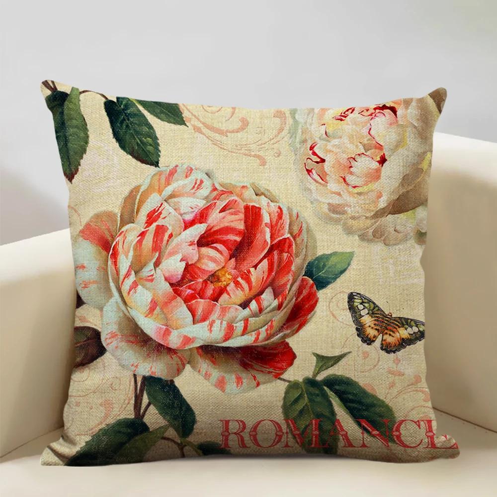 Чехол для подушки в стиле ретро 45x45 см, льняная наволочка для гостиной, декоративная наволочка с цветочным узором для сиденья автомобиля