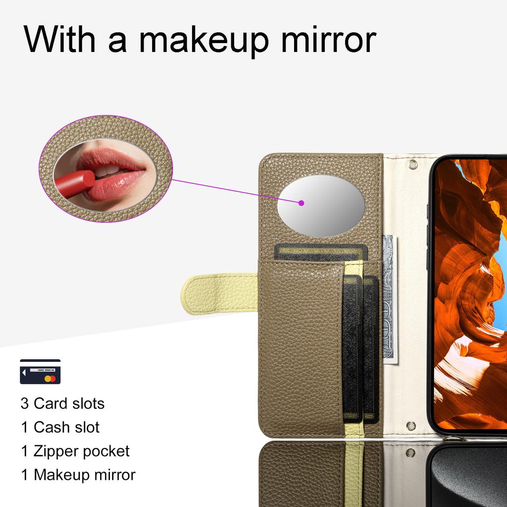 ESEBLE E11 For iPhone 15 Pro Max Case Zipper Pocket Litchi Texture Leather Phone Cover with Mirror and Wrist Strap