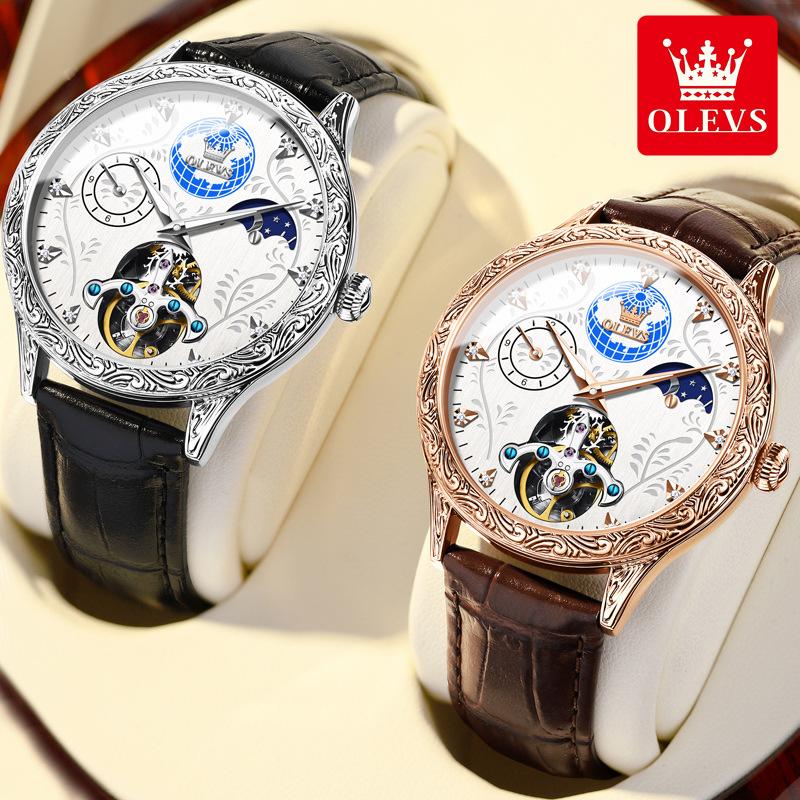 Мужские механические часы Tourbillon Hollow с автоматическим механизмом, водонепроницаемые, с люминесцентным циферблатом с фазами Луны, модные мужские деловые механические наручные часы