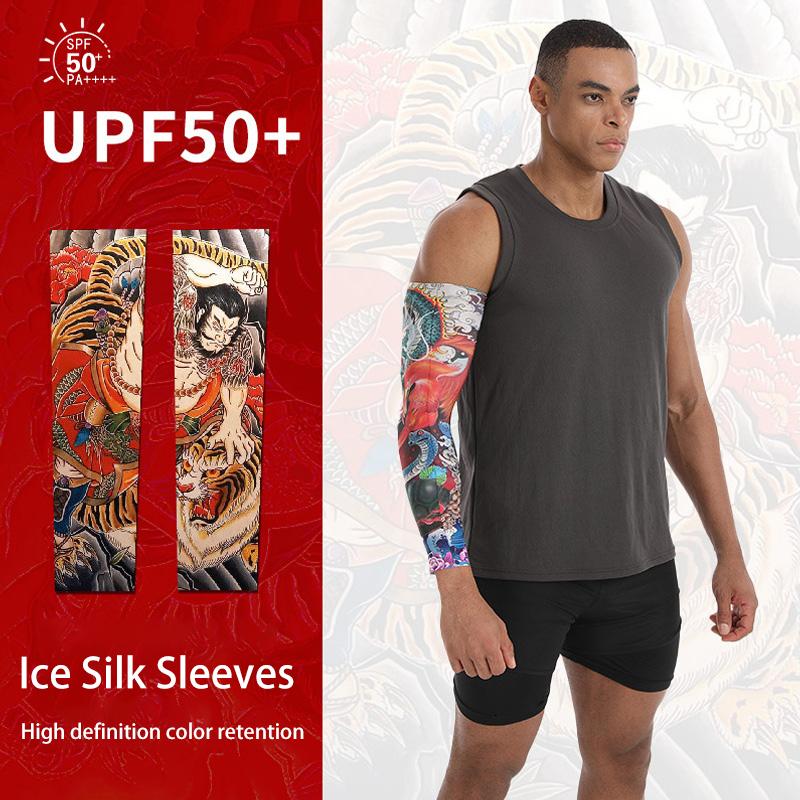 Мужские охлаждающие рукава для езды на велосипеде с защитой от ультрафиолета, нарукавники с принтом и татуировкой, для велоспорта, с ледяным шелком, лето