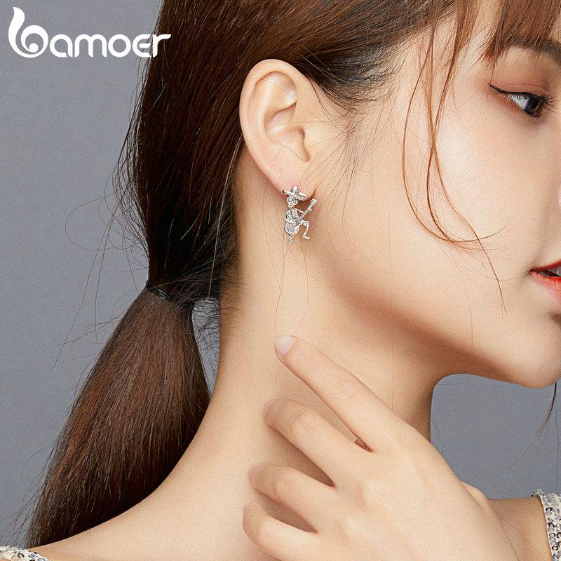 Серьги-гвоздики Bamoer из оксидированного серебра для женщин, мужские украшения с черепом и гитарой, подарок для девочки, ювелирные изделия из стерлингового серебра 925 пробы