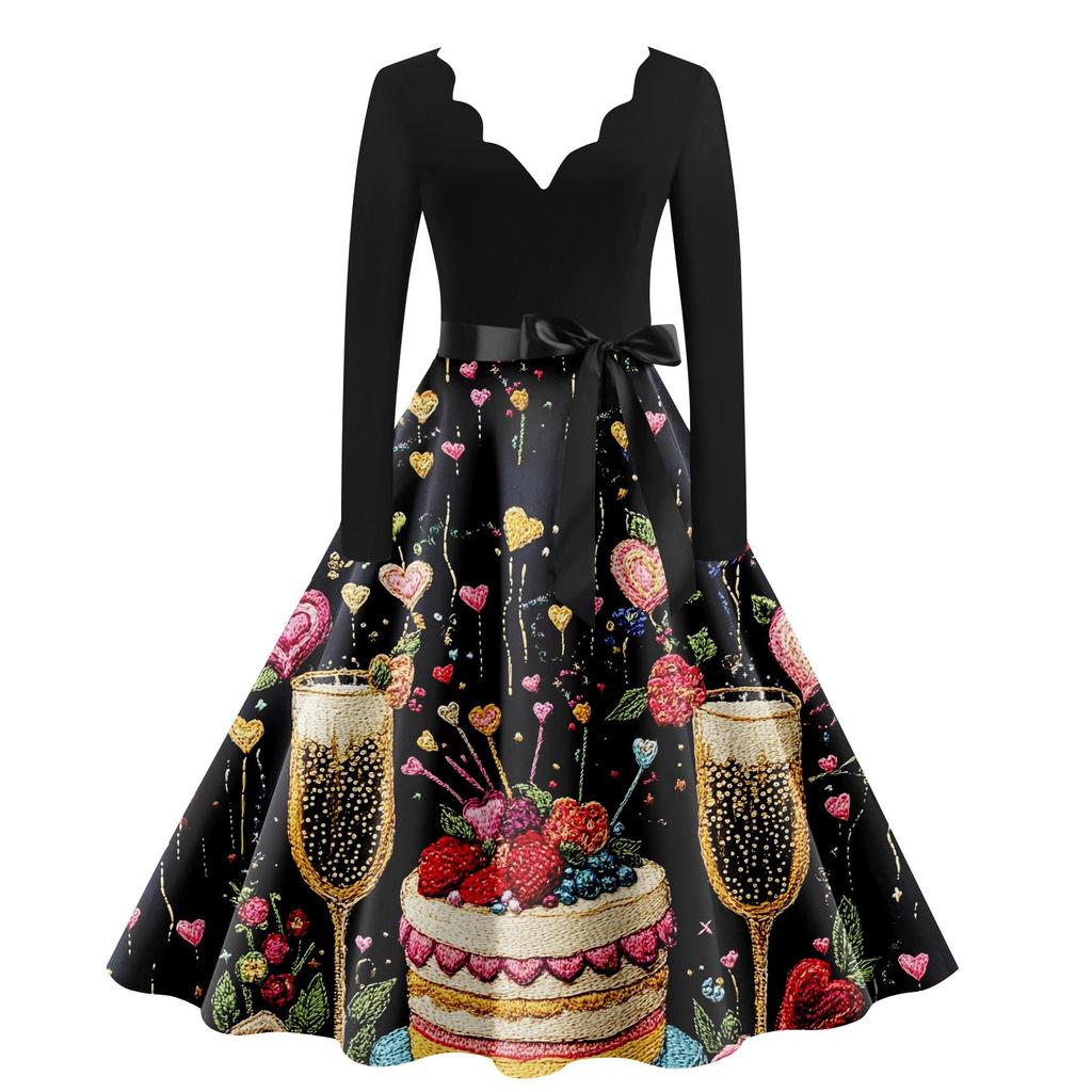 Женское повседневное модное платье с V-образным вырезом и длинным рукавом с милым принтом в винтажном стиле