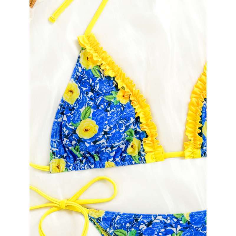 1011 European and American split swimsuit female sexy printed lace-up three-point bikini female halter design