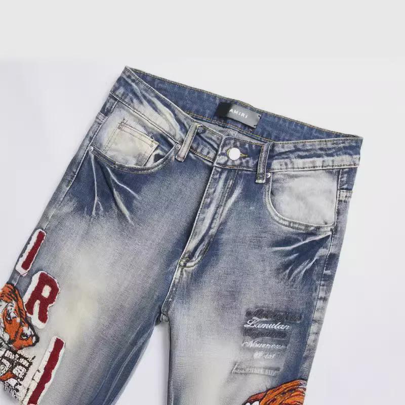 Мужские ретро-узкие синие джинсы с вышивкой в виде дырок