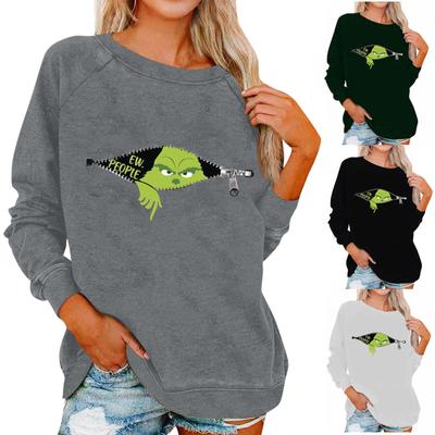 Женский пуловер с рождественским принтом, блузка с круглым вырезом, заниженными плечами и длинными рукавами