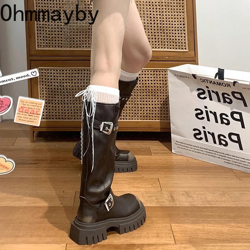 Fashion Vintage Platform Women Knee High Boots Fashion Belt Buckle Shoes Thick Heel Autumn Winter Ladies Knight Long Booties