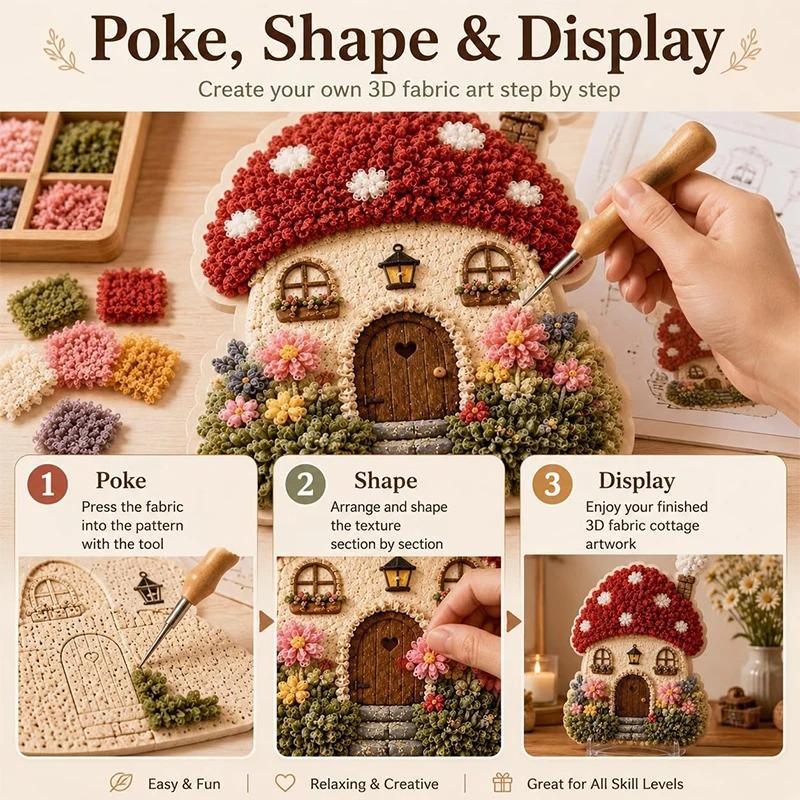 Whimsical Village Creative 3D Fabric Poke Art DIY Kit Mushroom Cottage Village Hand‑Poking Craft Making Set For Adults Beginners
