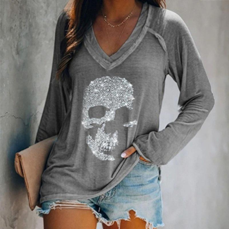 Женская толстовка со стразами и рисунком скелета, топ с V-образным вырезом и длинными рукавами