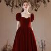 Velvet toasts 1011 new summer bride wedding engagement thin temperament burgundy bubble sleeve evening dress