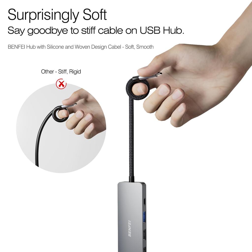 BENFEI 5in1 USB C 4K 3 100W Power Silicone and Woven Design Aluminum Compatible with MacBook iPad iPhone 15 Thinkpad Hub, HDMI, USB-A, Delivery,