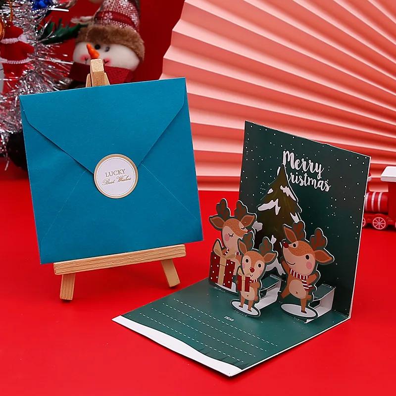 Merry Christmas Three-dimensional Greeting Cards with Envelope Santa Claus Snowman Laser Cut Xmas Happy New Year Greeting Cards