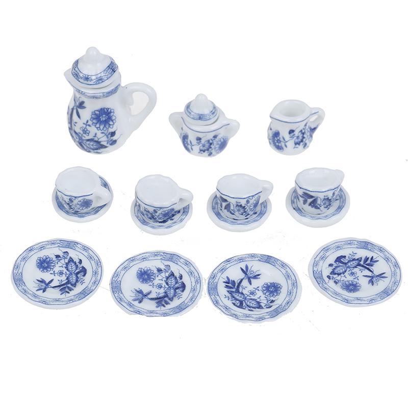 15Pcs Portable Blue Flower Tableware Porcelain Coffee Tea Cups Universal 1:12 Dollhouse Miniature