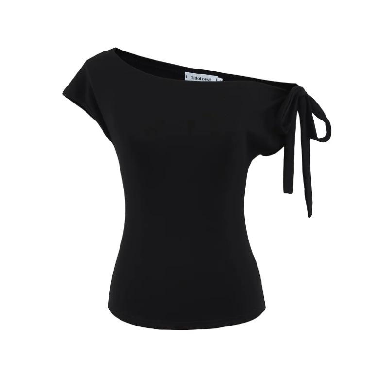 Irregular off-the-shoulder short-sleeved T-shirt summer new women's American solid color Spice Girl slim strap short open-button top