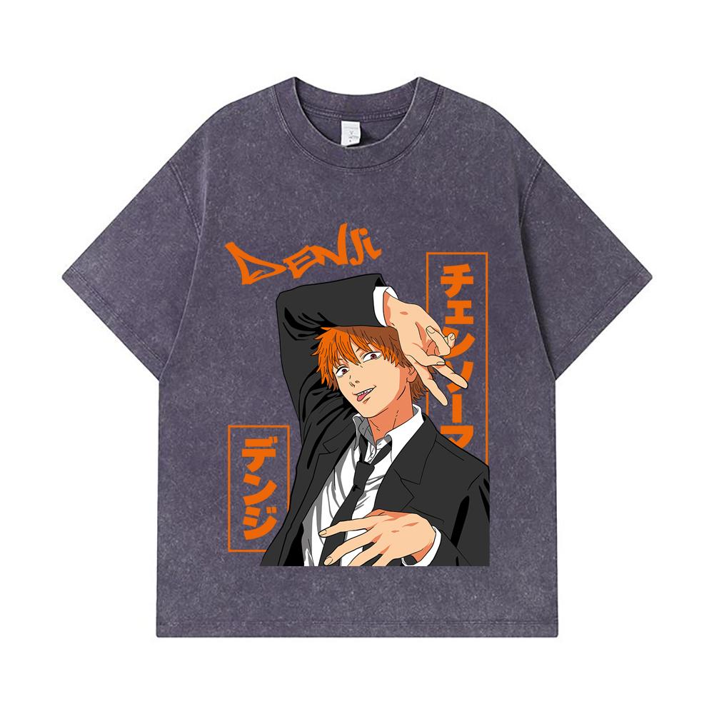 275 GSM Washed T-shirts 100% Cotton Chainsaw Man V56 Denji Print Unisex Heavy Cotton T Shirt